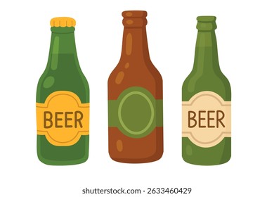 Three cartoon beer bottles in different shapes and label designs, perfect for festive design use.