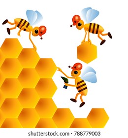 Three cartoon bees build honeycombs