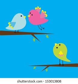 Three cartoon birds. Card. Vector illustration.