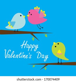 Three cartoon birds. Happy Valentines Day card.  Vector illustration.