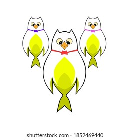 Three cartoon birds with white and yellow bodies wearing colorful bowtie, Fun and simple vector design, ideal for kids’ content, animal-themed materials, or playful character set.
