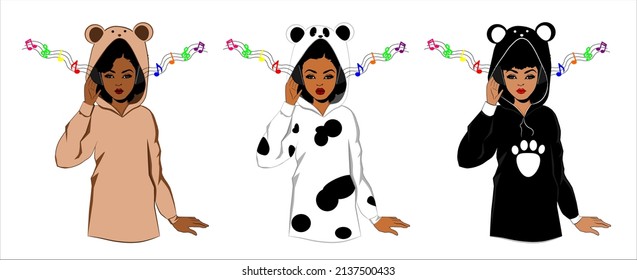three cartoon black girls in hoodies