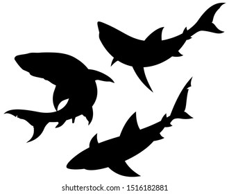 
Three cartoon black sharks on a white background