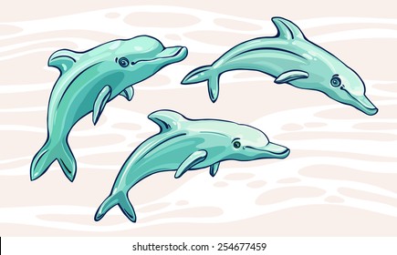 Three cartoon blue dolphins on a sea background. Vector marine mammals animal.