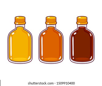 Three cartoon bottles, different kinds of syrup or liquor. Cute cartoon hand drawn style vector illustration.