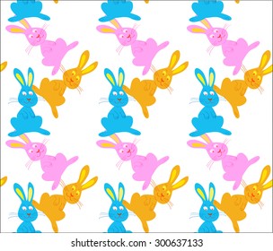 three cartoon bunnies in a seamless pattern. Pattern in swatch.