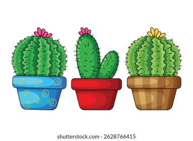 Three cartoon cactus in colorful pots with flowers