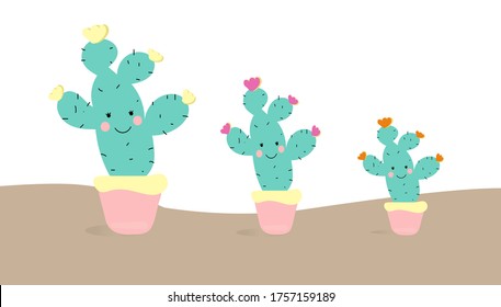 Three cartoon cactus set with a smiling face In pots with plants, can be used for invitation cards or like stickers.Eps 10 Vector