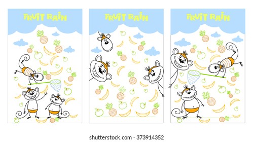 Three cartoon cards with funny monkeys and fruit rain.