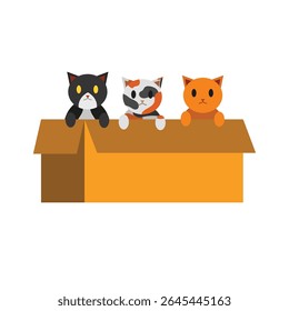 three cartoon cats peeking out of a cardboard box. street cats in cardboard boxes waiting to be adopted.