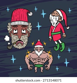 Tres personajes de dibujos animados Santa fresco y audaz diseño en Vector
