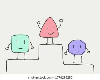 Three cartoon character standing on a podium. Success and winning concept in flat doodle style. Happy competitors  on a white background. Sharing success happiness. Business sports concept. 