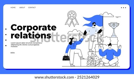 Three cartoon characters celebrate success with a flag and trophy. Ideal for team collaboration, corporate achievements, success, teamwork, business relationships. Line art style, black and blue