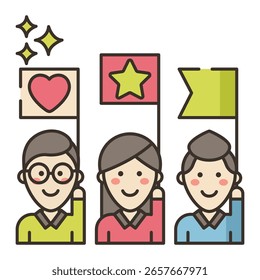 Três personagens de desenhos animados segurando bandeiras com coração, estrela e Pla
