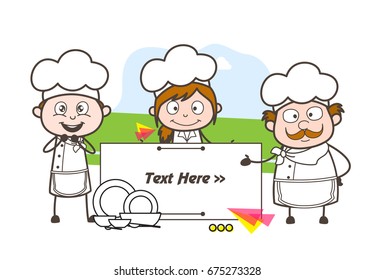 Three Cartoon Chef with Advertisement Banner Vector Illustration