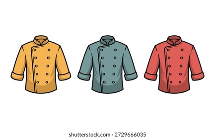 Three cartoon chef jackets in yellow green and red colors