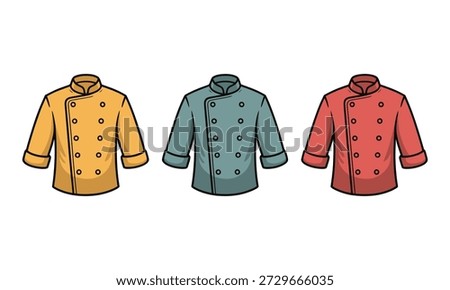 Three cartoon chef jackets in yellow green and red colors