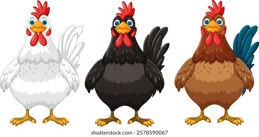 Three cartoon chickens in different colors