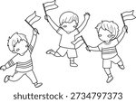 Three cartoon children joyfully waving small flags, celebrating an event or holiday with excitement and enthusiasm.