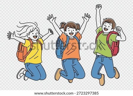 Three cartoon children jumping with excitement, wearing colorful t-shirts and blue jeans, with backpacks on their backs, conveying a sense of joy and anticipation for a new day at school or a fun adventure.
