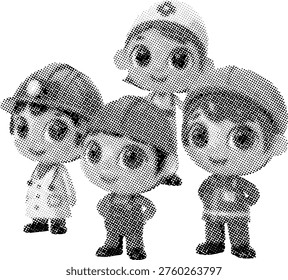Three cartoon children standing together in a halftone illustration smiling and looking happy with big eyes and small bodies