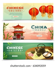 Three cartoon china travel horizontal banner set with button and Chinese culture descriptions vector illustration