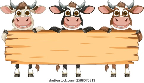 Three cartoon cows holding a blank wooden sign