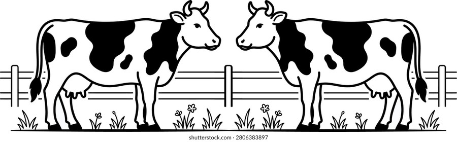 Three Cartoon Cows Standing Behind Wooden Fence in Pasture Illustration