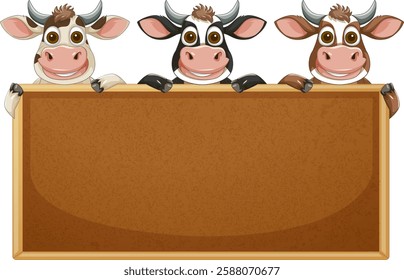 Three cartoon cows with a wooden sign