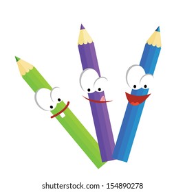 Three cartoon crayons - green, violet, blue (vector)