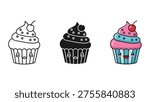 Three cartoon cupcakes in different colors and designs.