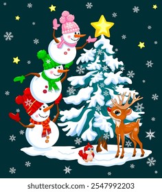 Three cartoon cute snowmen decorate the top of the Christmas tree with a star, standing on each other's shoulders. On Christmas night, the stars are shining, and snowflakes are falling.