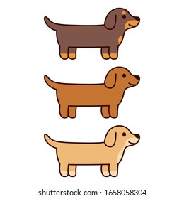 Three cartoon Dachshunds, black, brown and cream color. Cute and simple dog drawing set, vector clip art illustration.