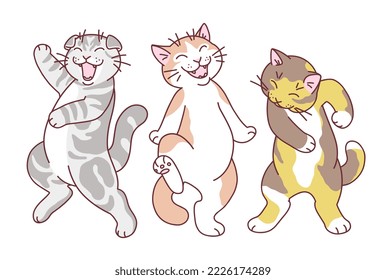 Three cartoon dancing cats minimal vector illustration. Doodle cartoon cats series.