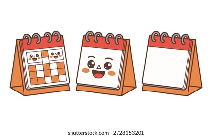 Drei Comic-Desktop-Kalender mit lächelnden Gesichtern auf weißem Hintergrund