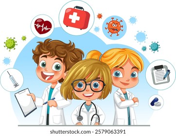 Three cartoon doctors with medical icons around them