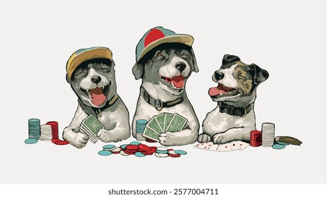 Three cartoon dogs playing poker, wearing colorful hats, surrounded by poker chips and cards, all smiling and enjoying the game together. Vintage art drawing illustration, old painting vector.