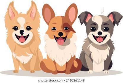 Three cartoon dogs are smiling and sitting side by side in a vector illustration.