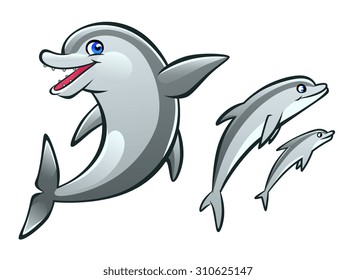 Three cartoon dolphins on the white background.