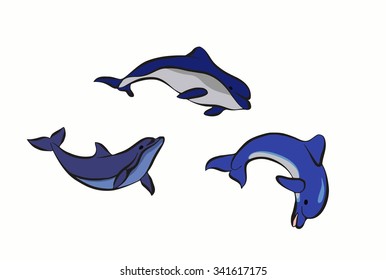 Three cartoon dolphins on the white background.