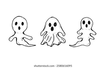 Three cartoon doodle hand-drawn ghosts against a white background.