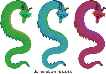 Three cartoon dragons. 