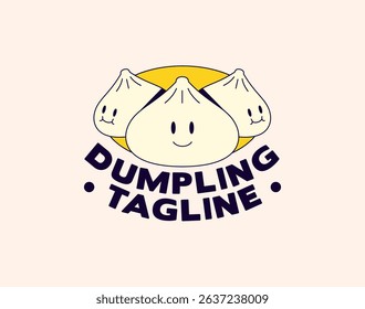 Three cartoon dumplings with happy faces in a fun and playful logo design. Great for branding food, snacks, or Asian cuisine businesses.