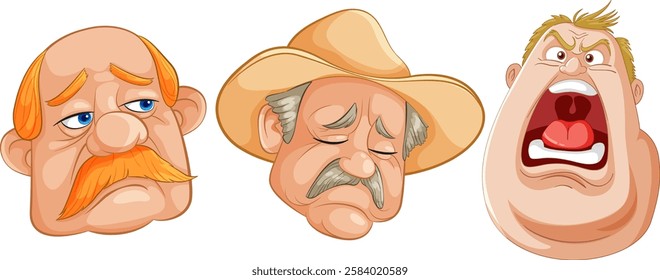 Three cartoon faces showing varied emotions