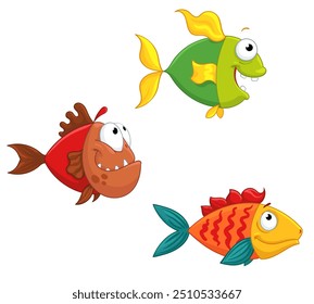 Three cartoon fish. Funny fish isolated on white background. Vector illustration.