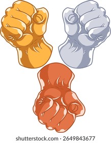 Três punhos de desenhos animados, ouro colorido, prata e cobre, simbolizam a natureza valiosa e preciosa de cada luta, semelhante aos metais nobres.