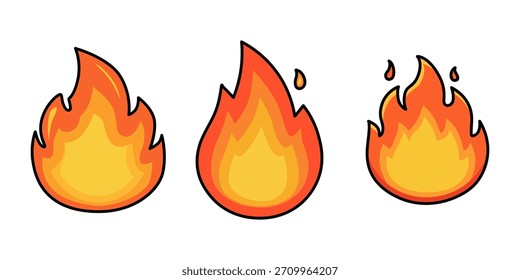 Drei Cartoon-Flammen mit orangefarbenen und gelben Farben auf weißem Hintergrund