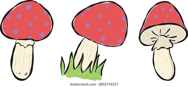 three cartoon fly agaric mushroom illustrations, Autumn elements hand drawn