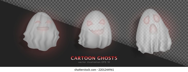 Three cartoon flying white bedsheet ghosts with red eyes on transparent background. 3D spooky screaming, laughing and tricky realistic phantoms. Vector Halloween characters, mythical creatures. 