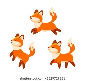 Three cartoon foxes are running, jumping and having fun